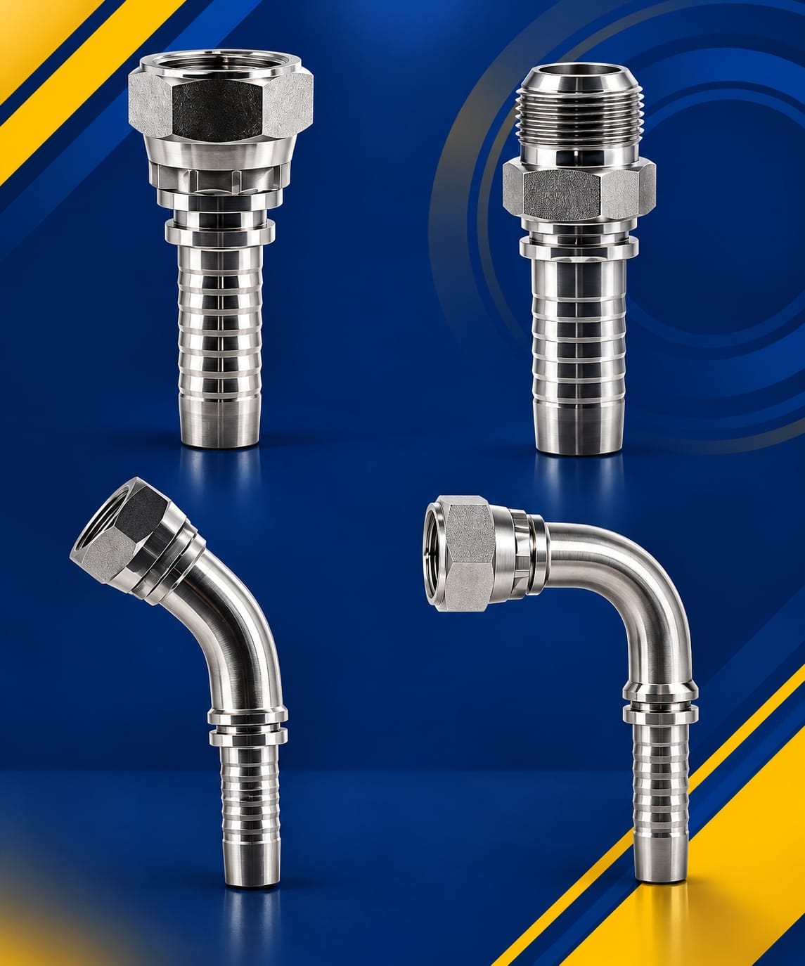 ESPIGA MACHO Y HEMBRA JIC RECTA, 45° Y 90° PARA MANGUERA R1 - R2-R12-4SP - SEHIDRACOM